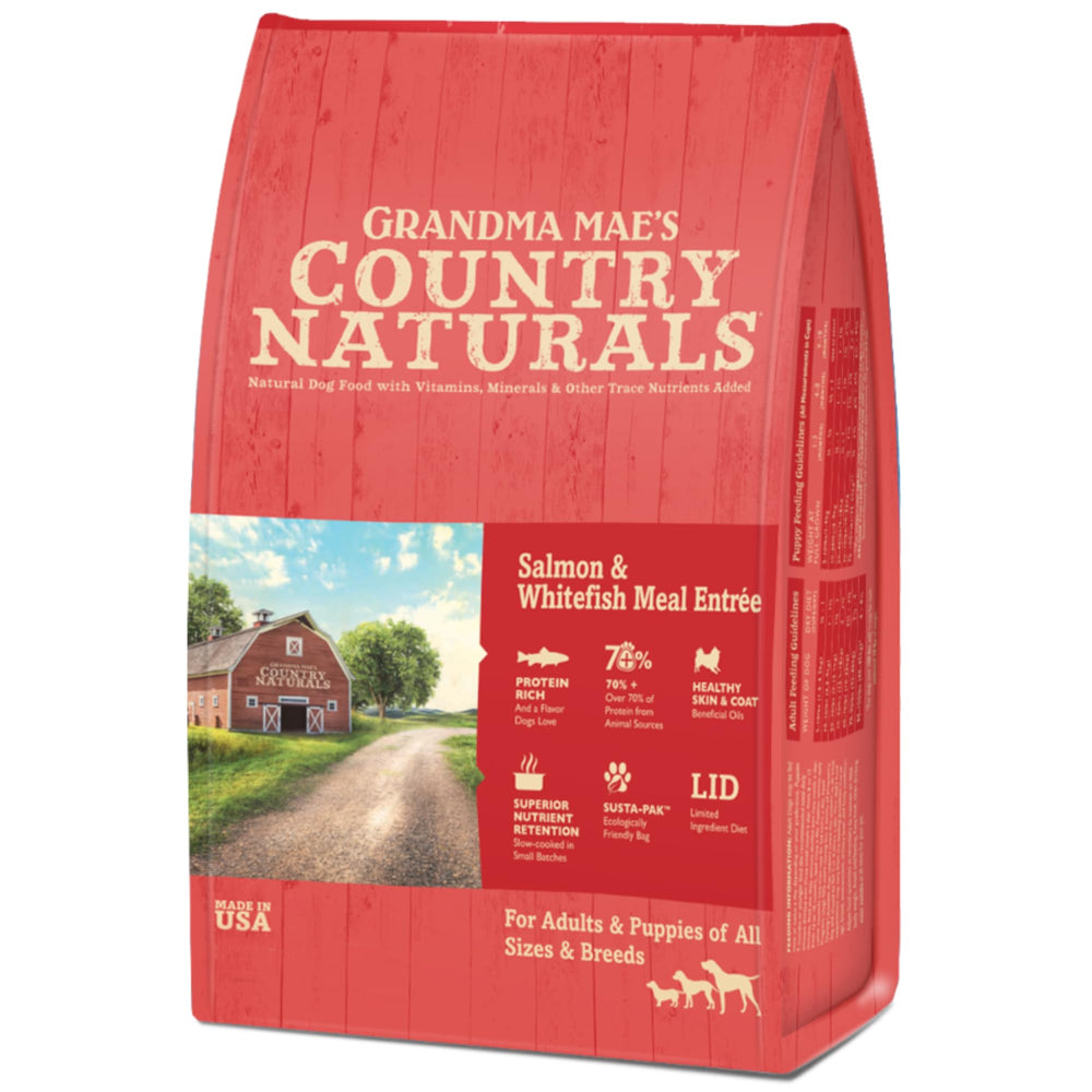Grandma Mae's Country Naturals – sac saumon et flétan, nourriture sèche pour chien, pratique.