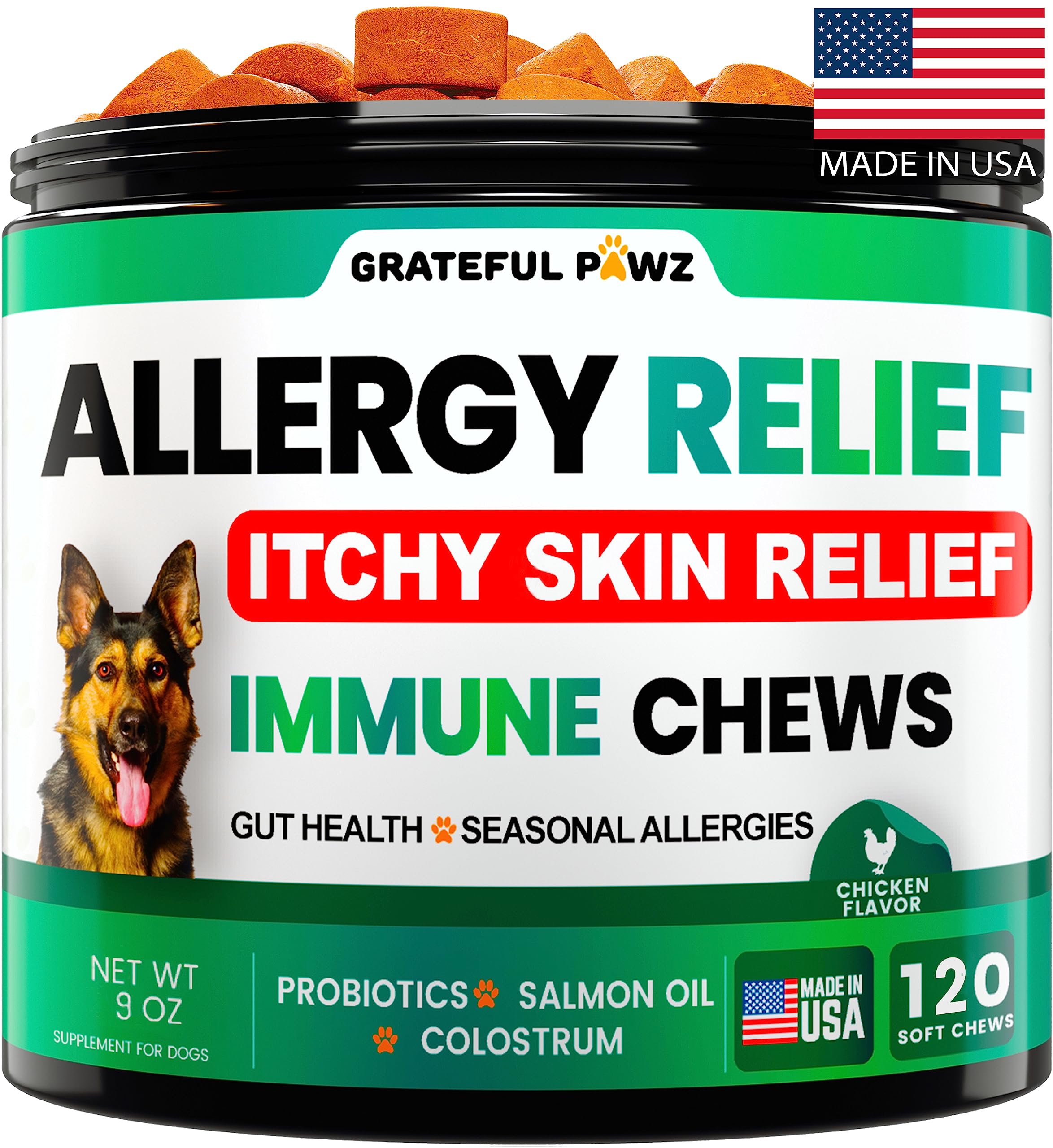 Grateful Pawz emballage produit allergie chien, praticité et informations claires.