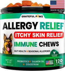 Grateful Pawz emballage produit allergie chien, praticité et informations claires.