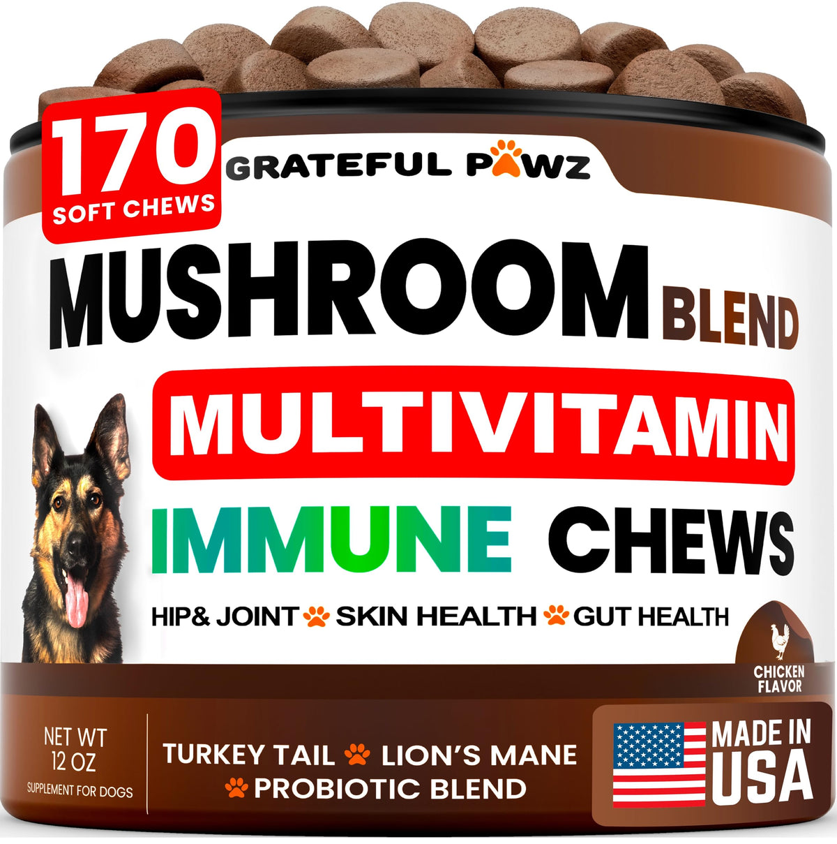 Grateful Pawz: bouteille de suppléments champignons queue-de-dindon, soutien potentiel à l’immunité.