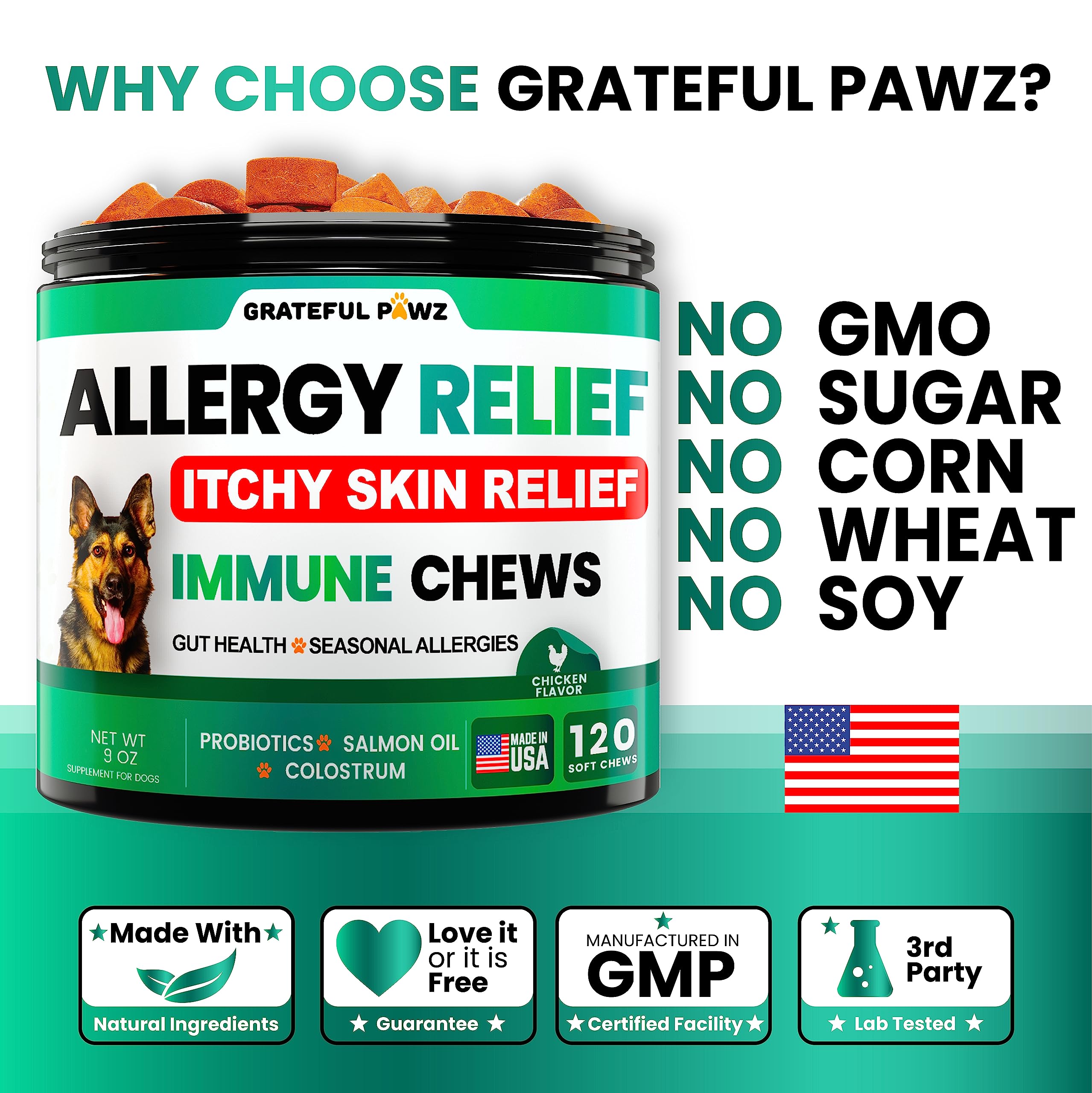 Grateful Pawz colostrum extrait, ingrédients naturels pour soutien immunitaire potentiel.