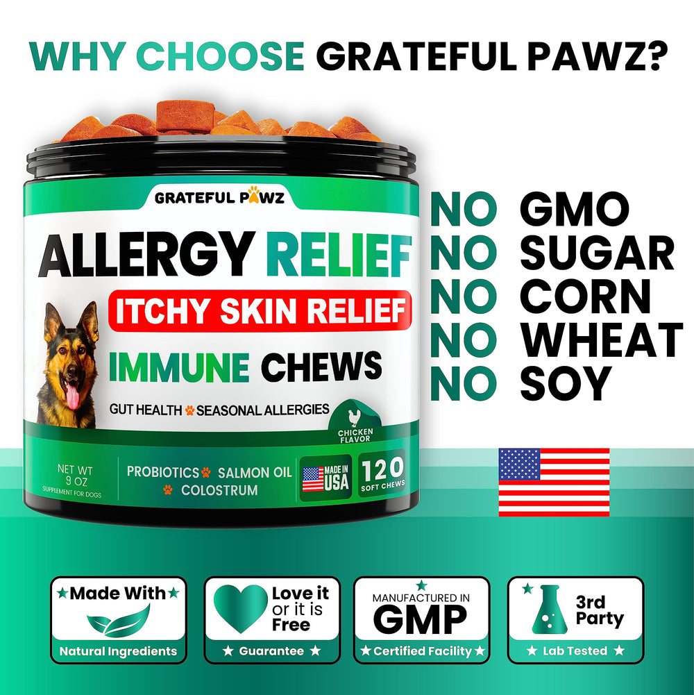 Grateful Pawz colostrum extrait, ingrédients naturels pour soutien immunitaire potentiel.