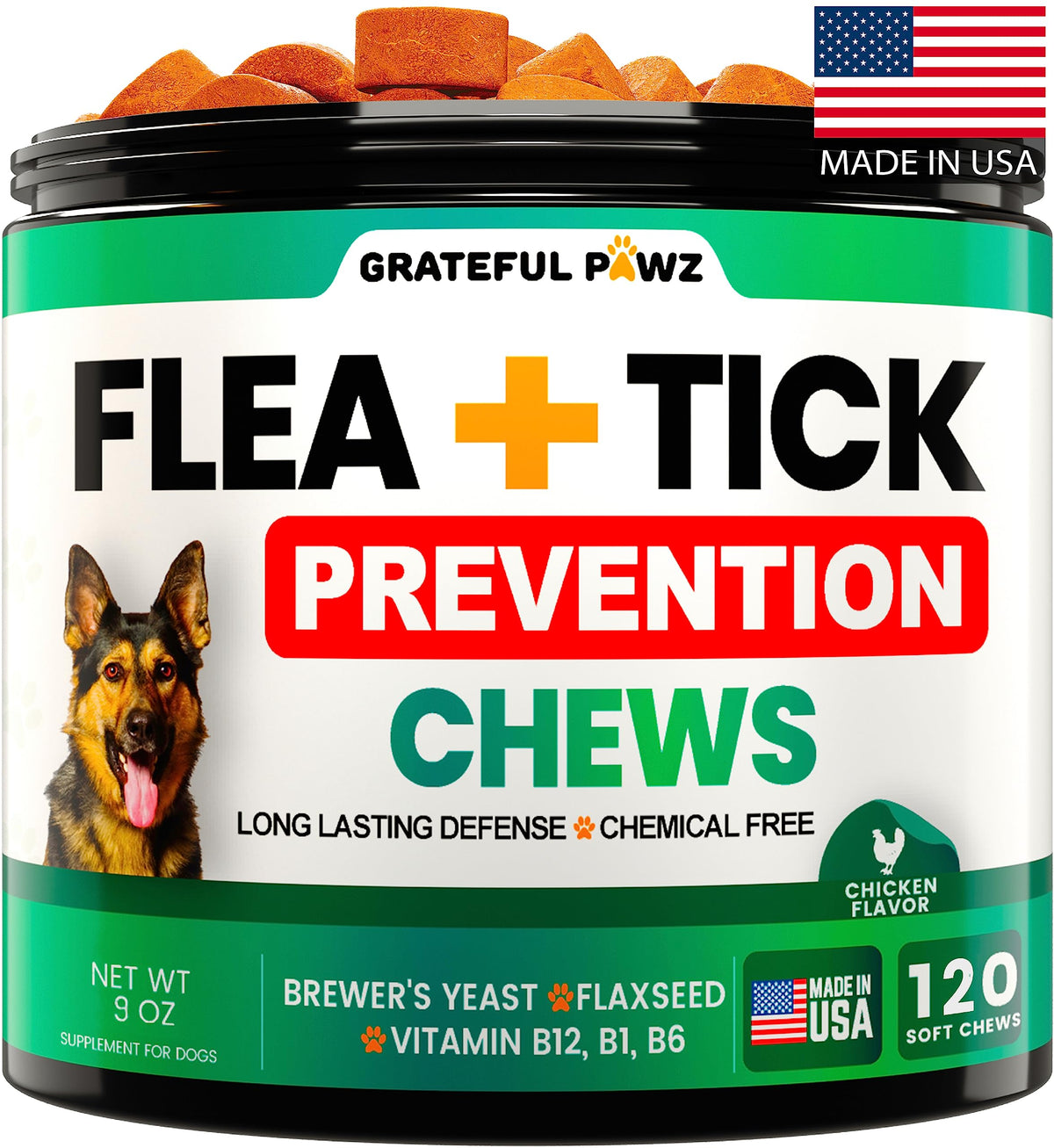 Grateful Pawz comprimés à mâcher anti-puces pour chien.