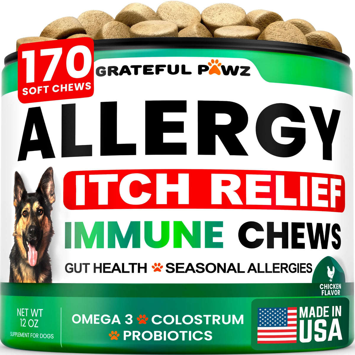 Friandises-relief-allergie-chien Grateful Pawz: soutien immunitaire et démangeaisons douces.