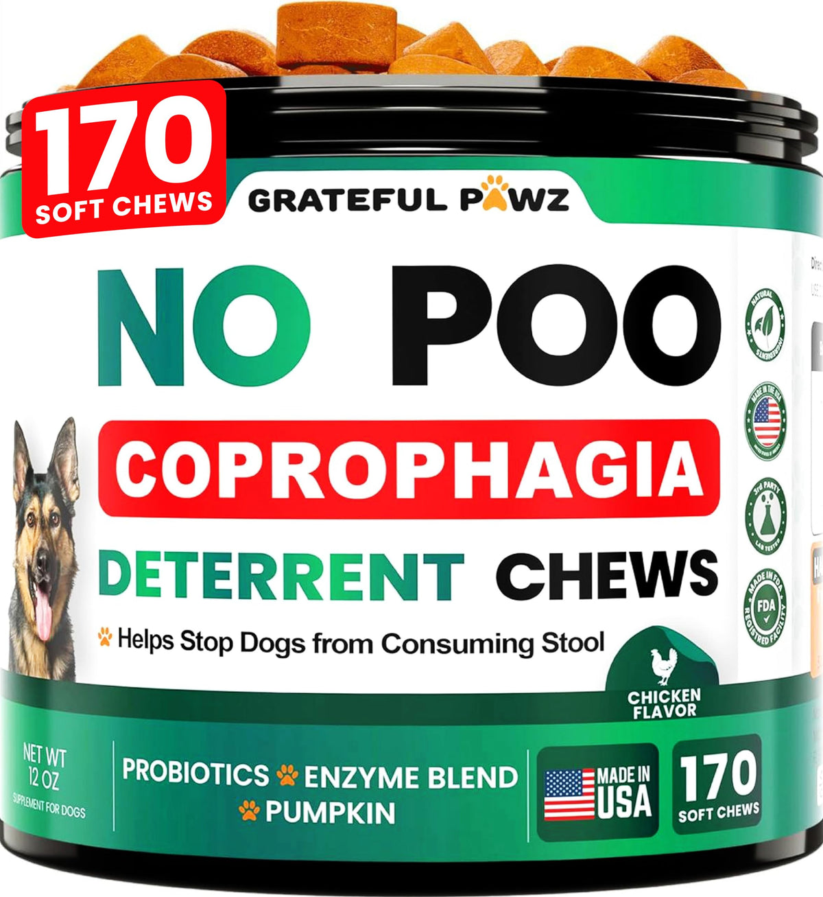 Grateful Pawz – gommes anti-coprophagie en bouteille, réduction potentielle de l'ingestion de selles.