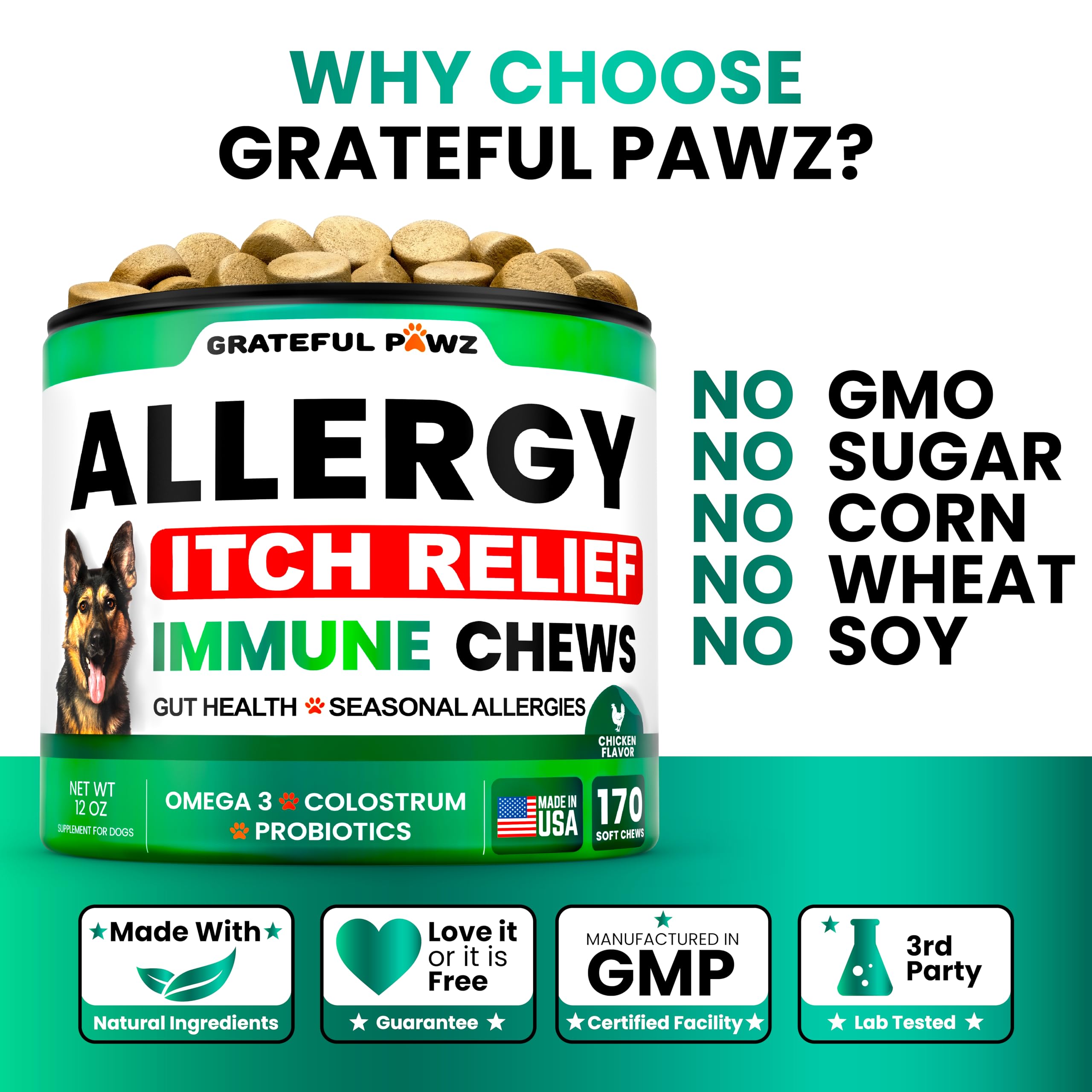 Ingrédients naturels Grateful Pawz: curcuma, colostrum et quercétine.