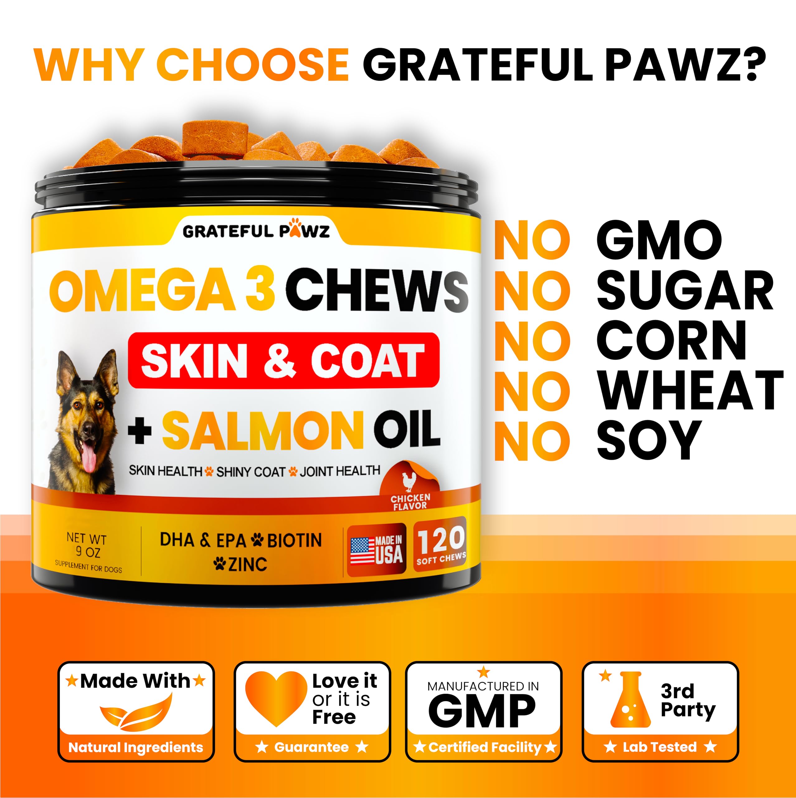 Grateful Pawz Omega 3 goût poulet chien, faciles à prendre