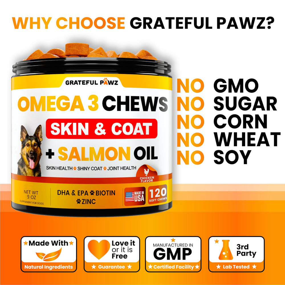 Grateful Pawz Omega 3 goût poulet chien, faciles à prendre