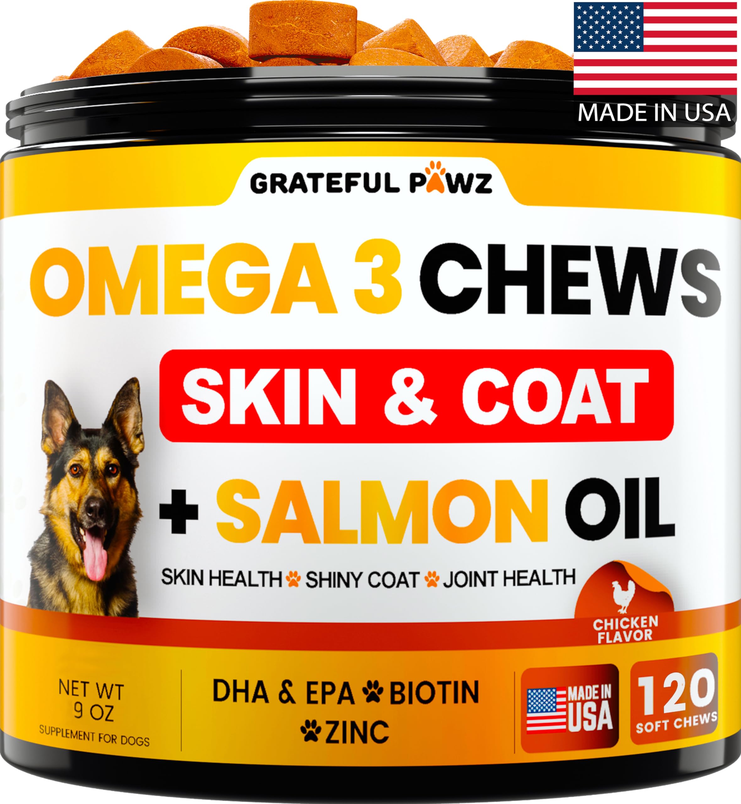 Grateful Pawz Omega 3 bouchées poisson pour chien, favorisant un pelage sain