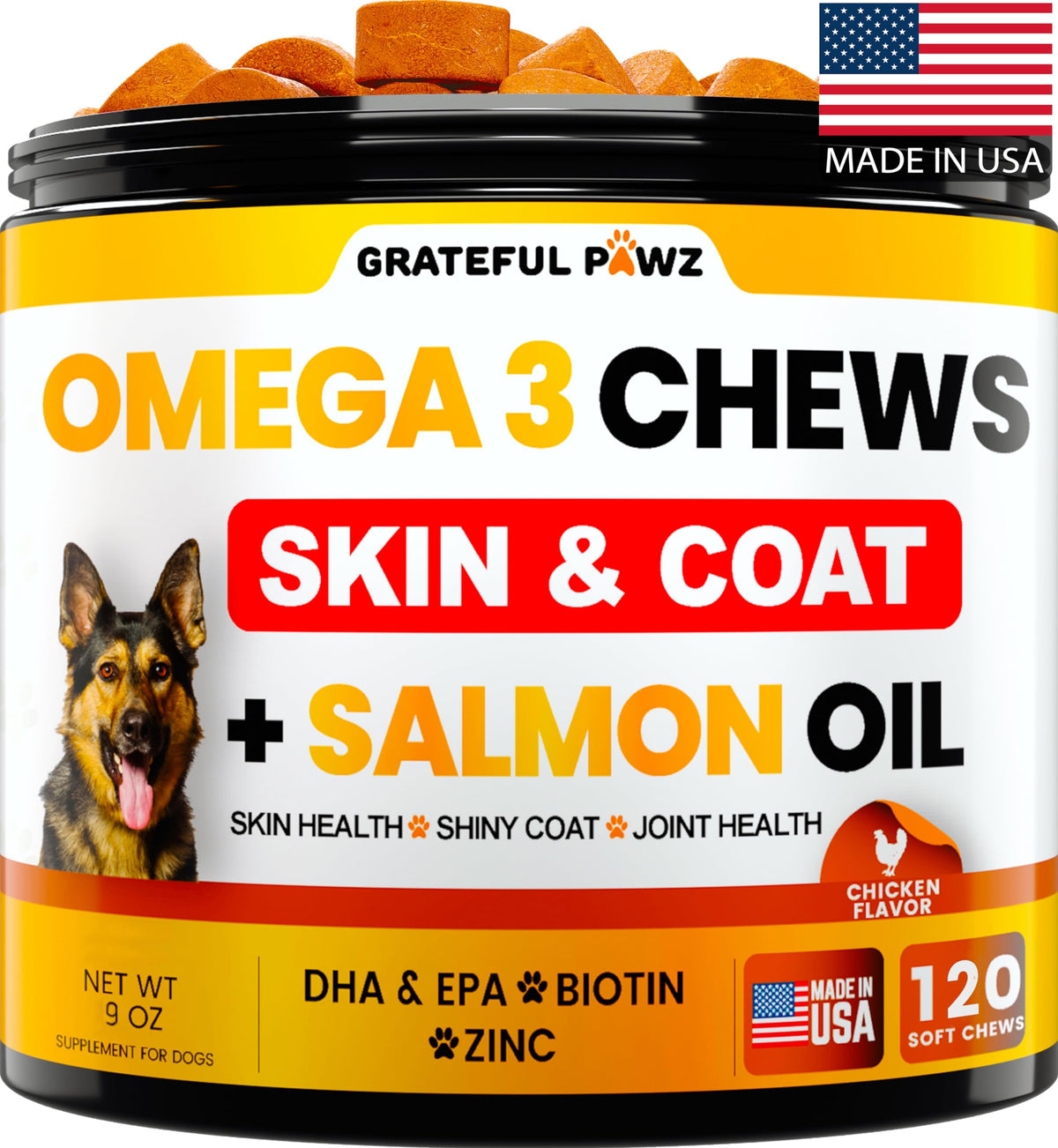 Grateful Pawz Omega 3 bouchées poisson pour chien, favorisant un pelage sain