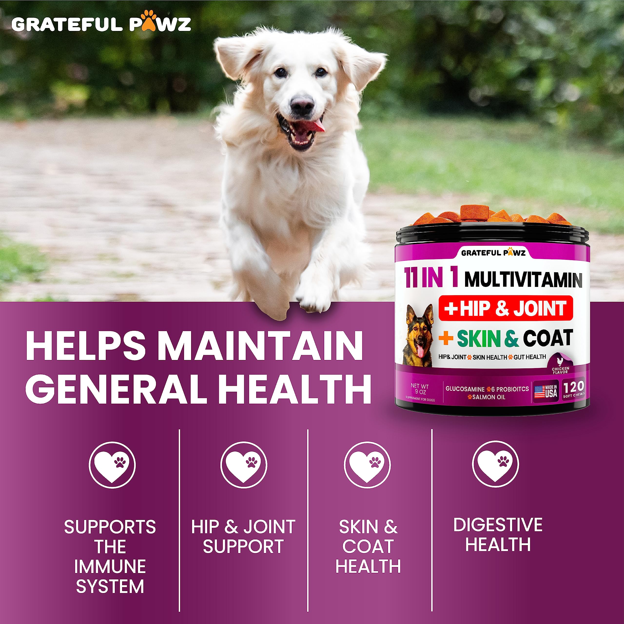 Grateful Pawz oméga3 et chondroïtine – bénéfique pour peau et pelage