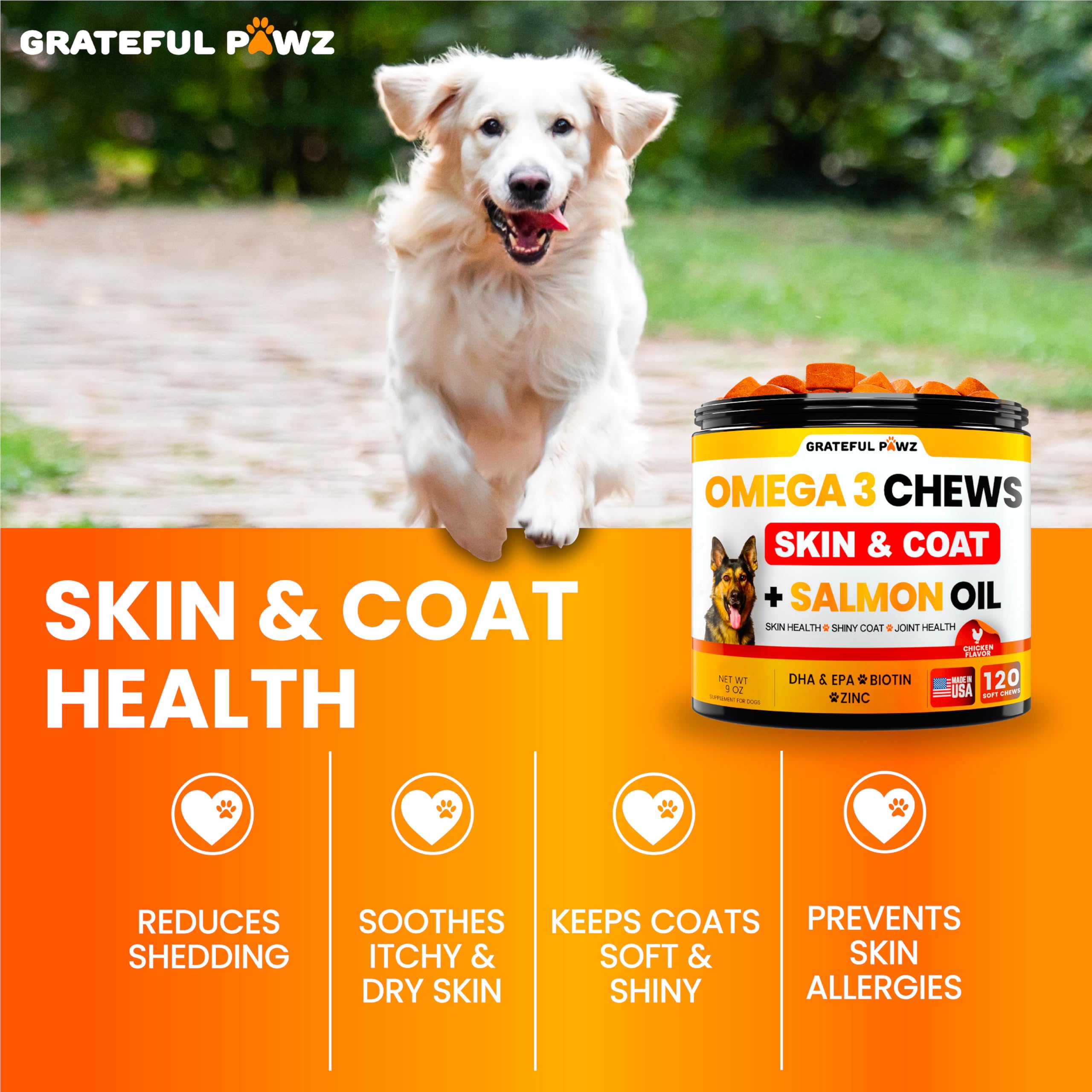 Grateful Pawz Omega 3 peau saine chien, confort quotidien