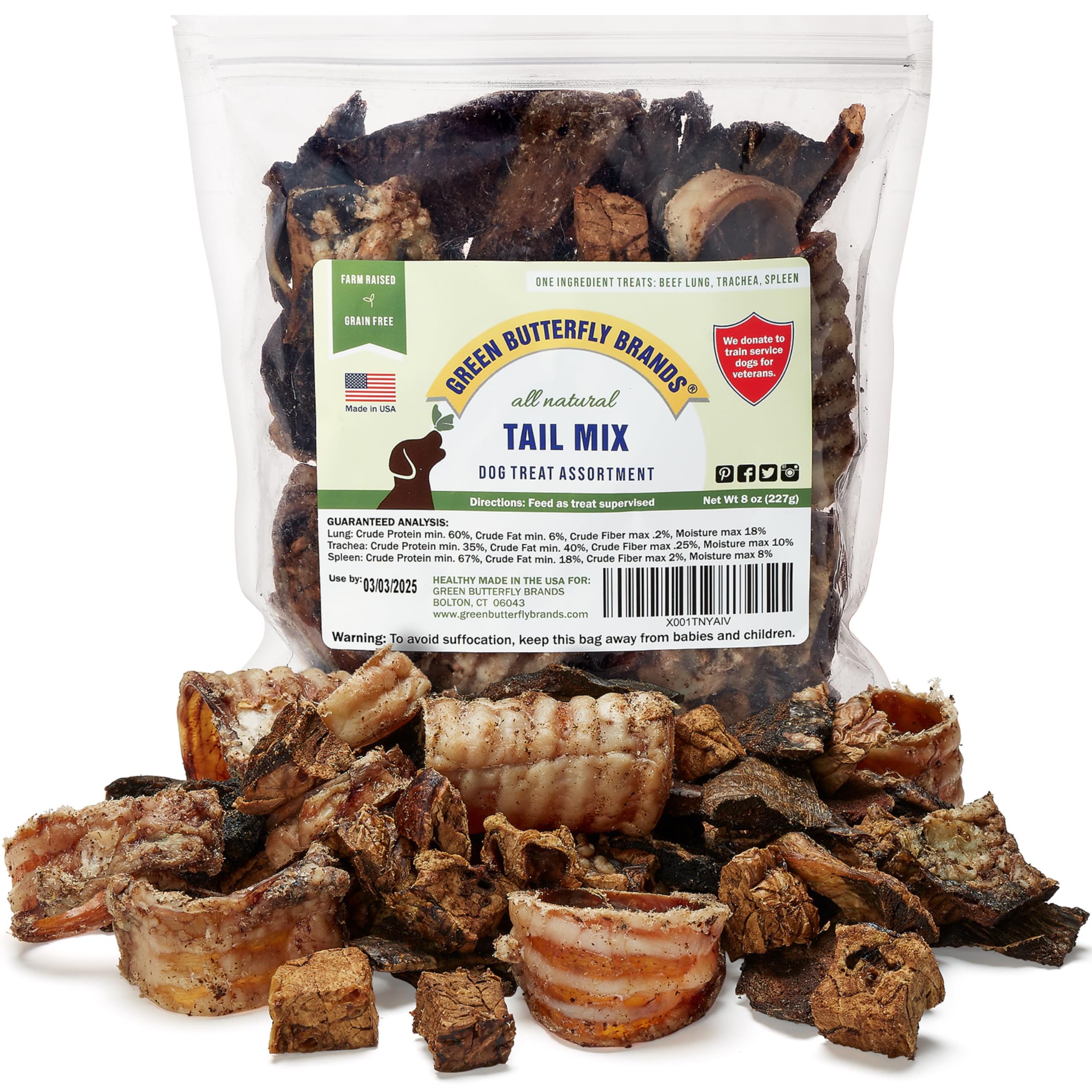 Green Butterfly Brands Tail Mix emballage, friandises naturelles pour l'entraînement.
