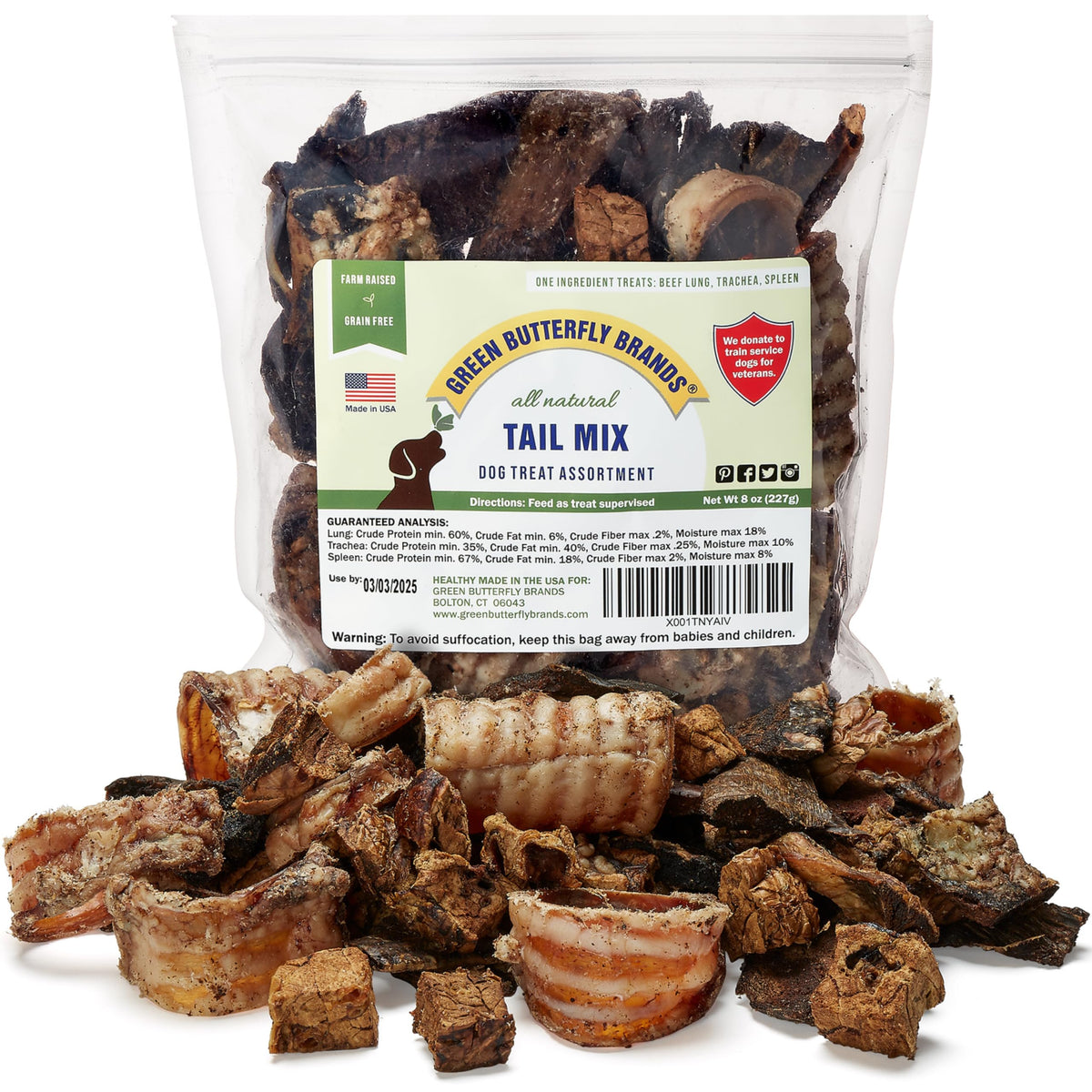 Green Butterfly Brands Tail Mix emballage, friandises naturelles pour l'entraînement.