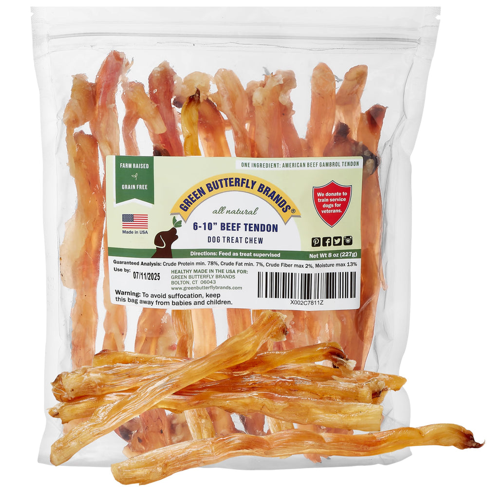 Tendon de bœuf Green Butterfly Brands en emballage, friandise naturelle pour chiens.