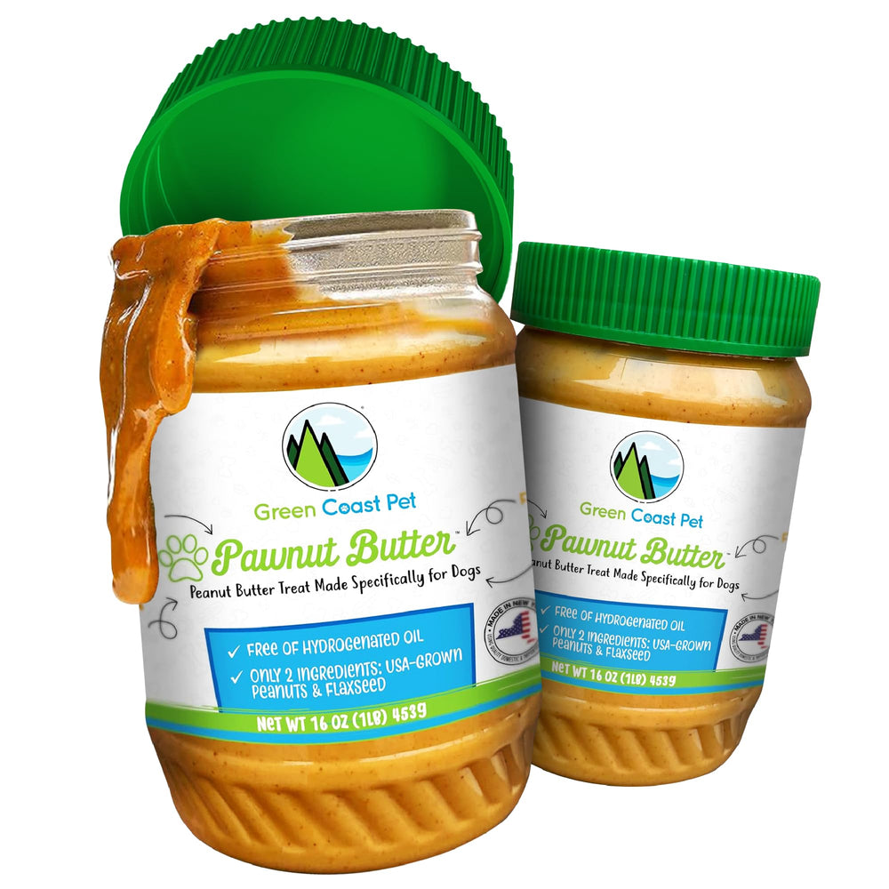 Beurre de cacahuète Green Coast Pet avec graines de lin, fibre naturelle pour l'équilibre intestinal.