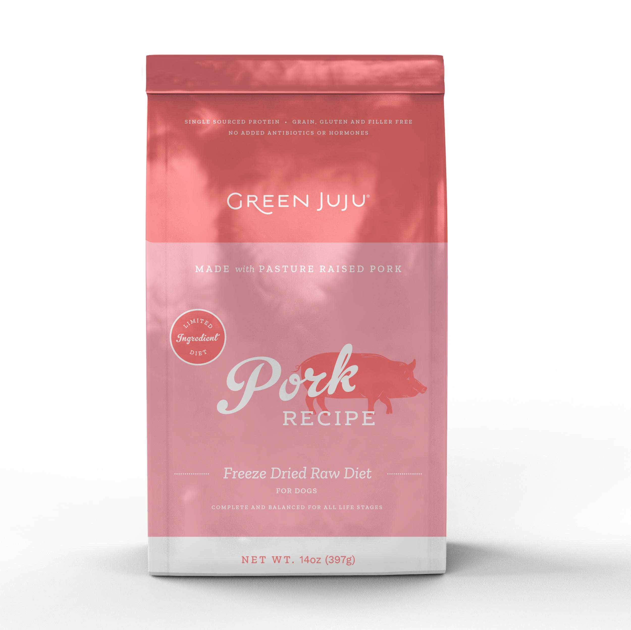 Nourriture Green Juju pour chien — porc cru lyophilisé, pratique et simple à servir.