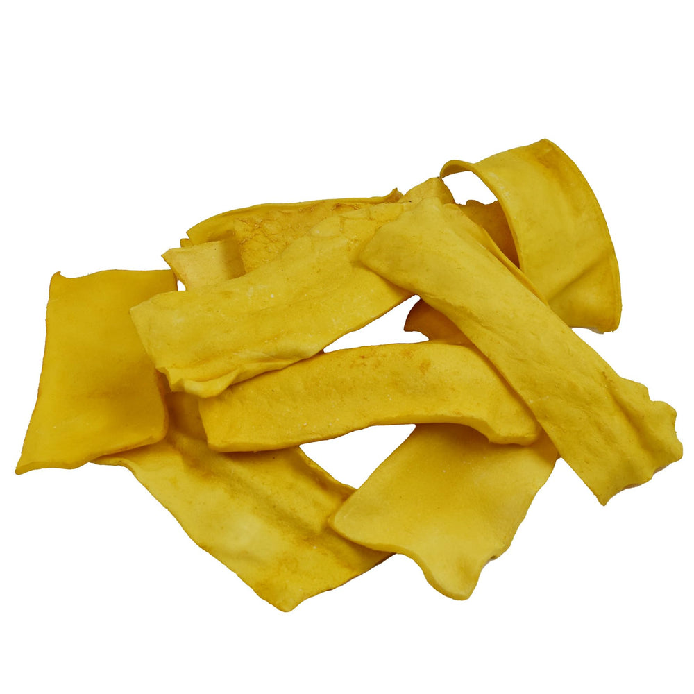 GreenCow Rawhide Chips poulet, détail des morceaux, morsure rassurante et longue.