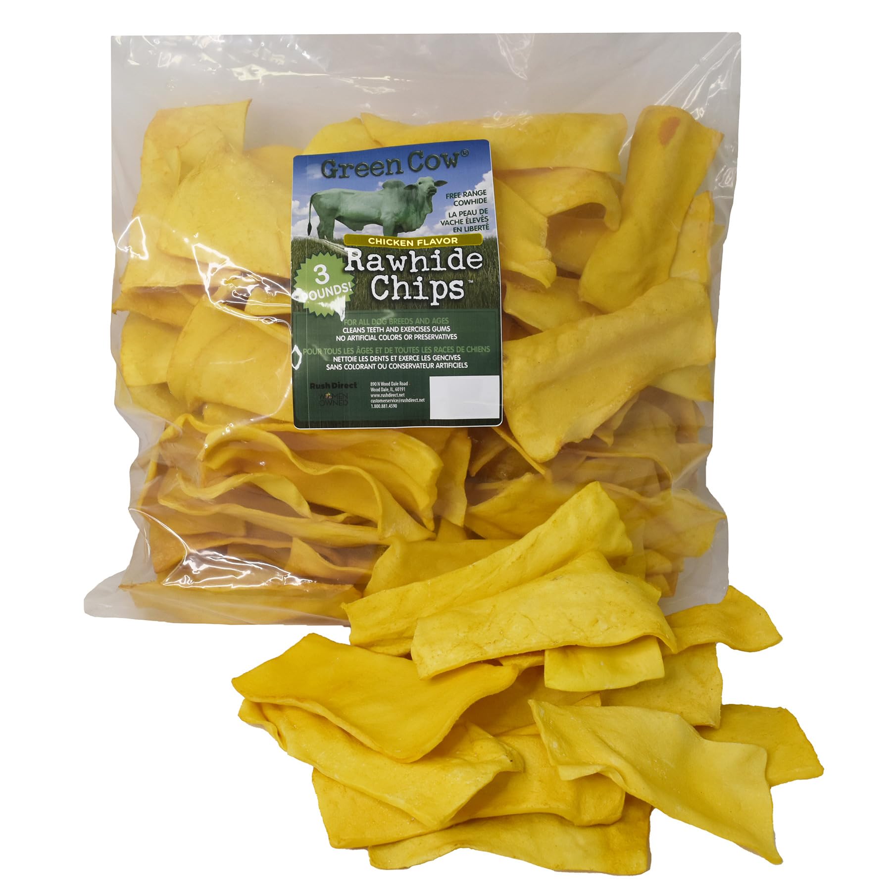 GreenCow Rawhide Chips poulet, sachet, friandise durable pour grands chiens.