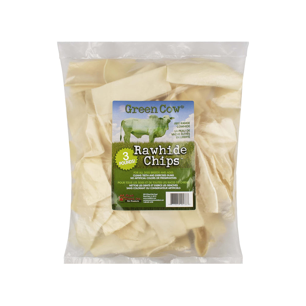 GreenCow Rawhide Chips – sac 3 livres, friandise durable pour grands chiens.