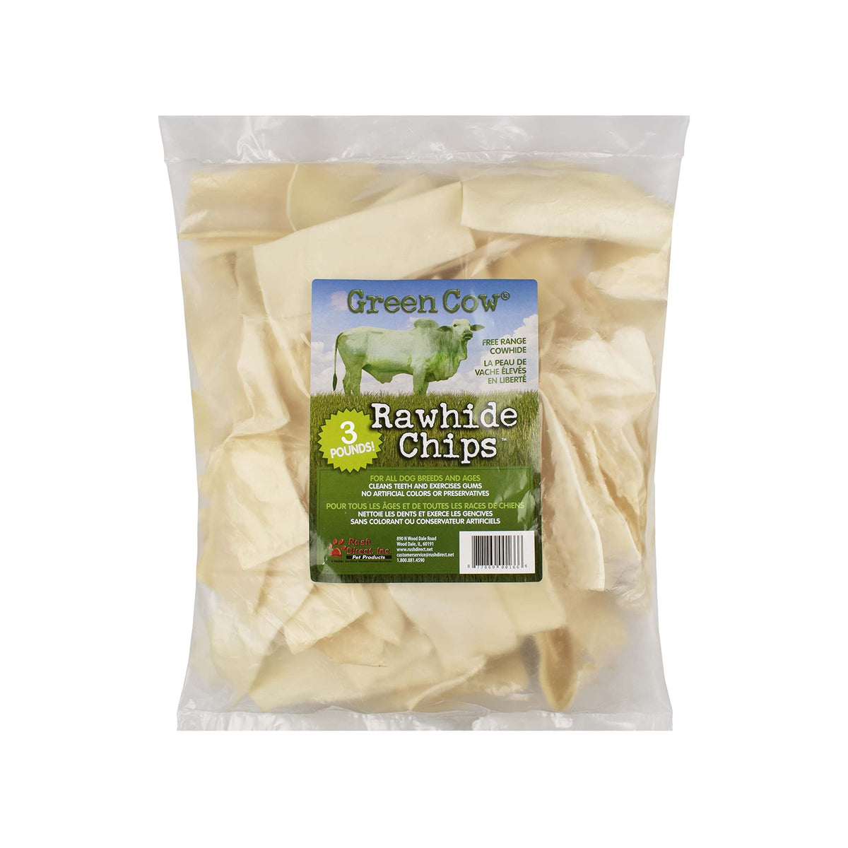 GreenCow Rawhide Chips – sac 3 livres, friandise durable pour grands chiens.