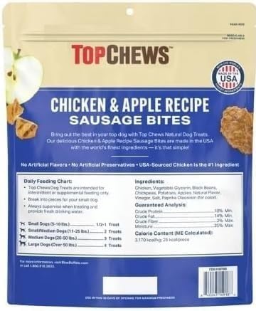 Friandises GreenFoods poulet et pomme, sans conservateurs artificiels, idéales pour l'entraînement.