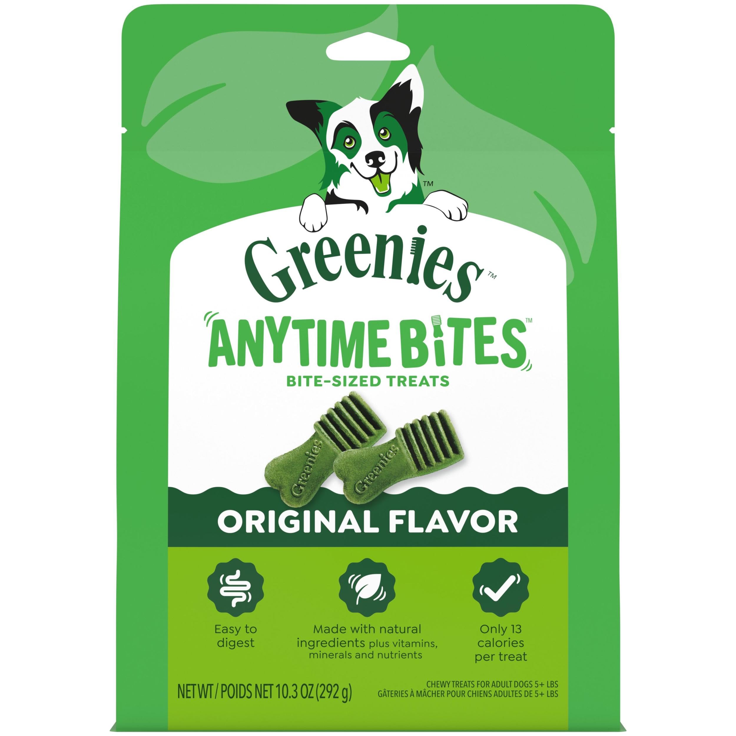 Greenies Anytime Bites emballage original, pratique pour l'entraînement à domicile.