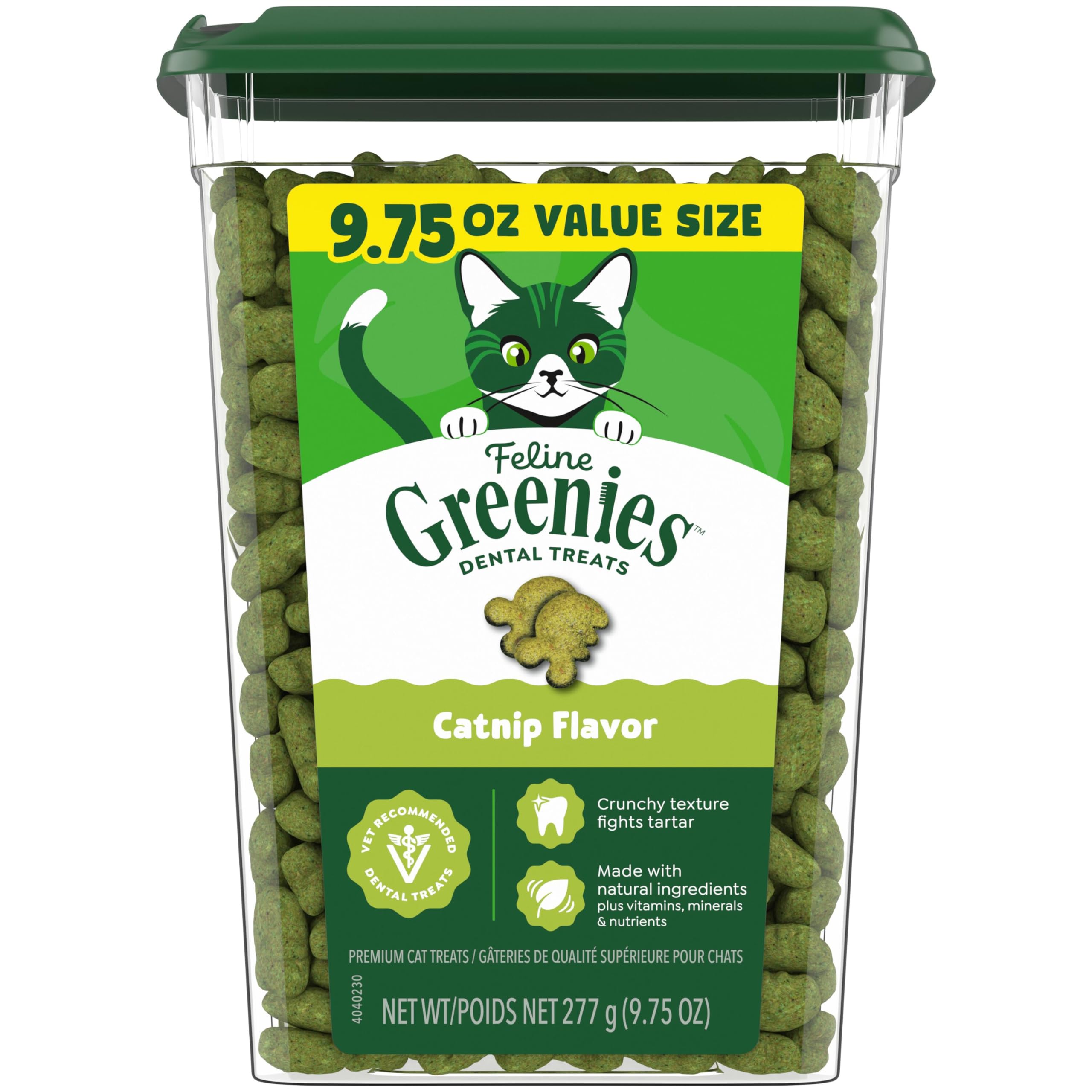 Friandises dentaires Greenies pour chats au goût herbe-chat et haleine fraîche.