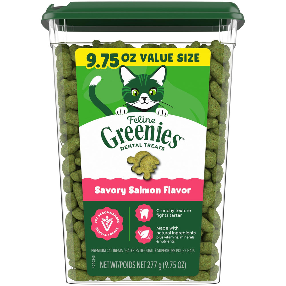 Friandises Greenies pour chats au saumon, parfaites pour les traitements dentaires.