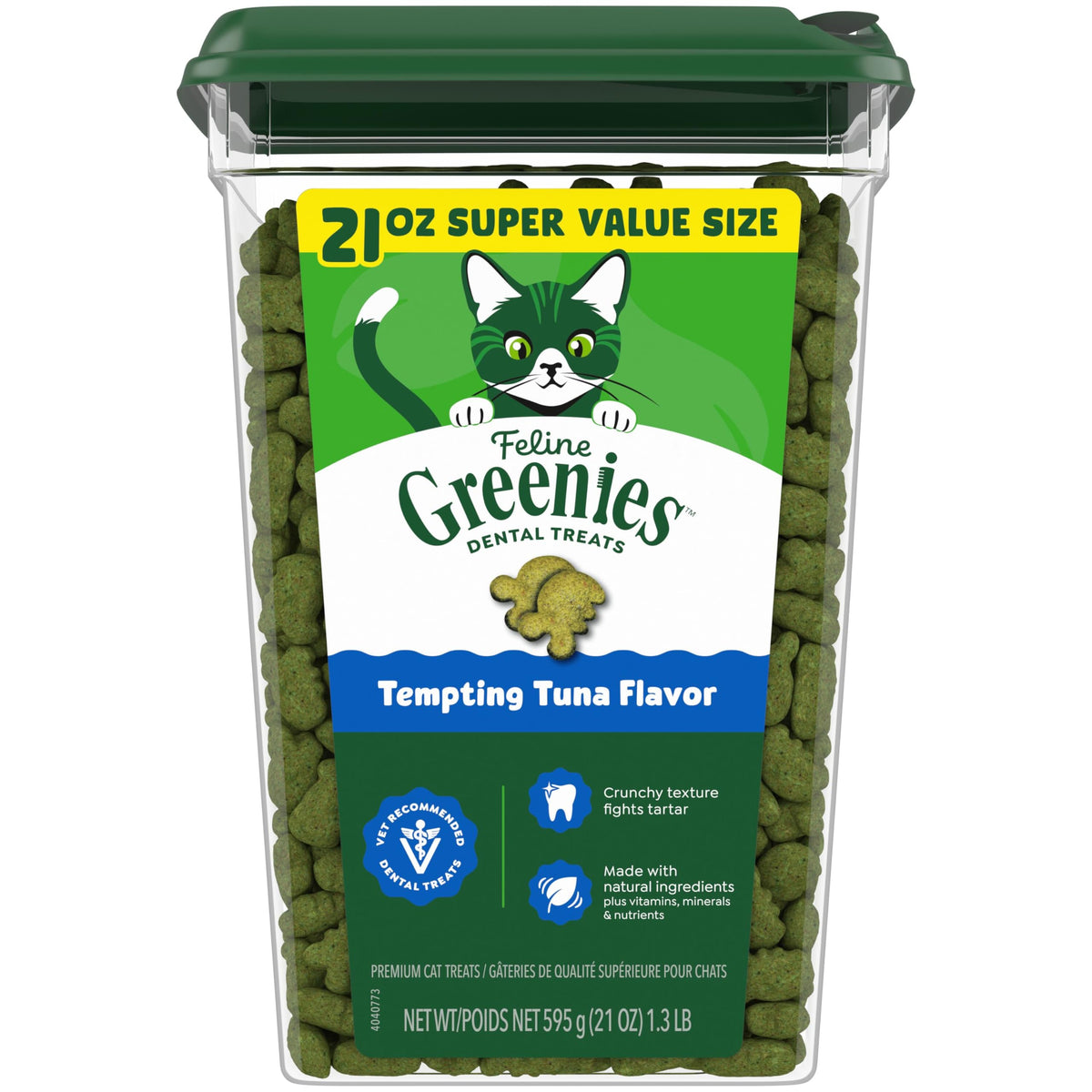 Greenies Chat – emballage du tub de friandises dentaires naturelles.