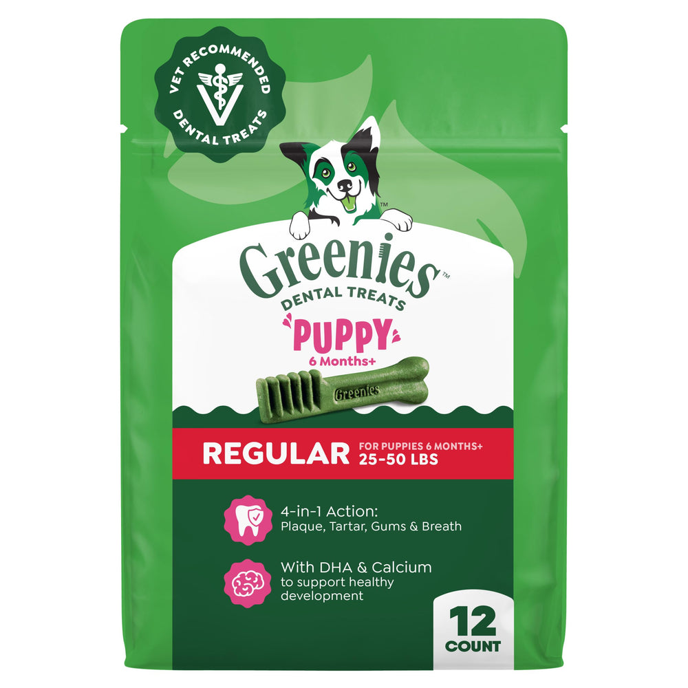 Greenies chiot friandise dentaire dans emballage 6 oz pour routine quotidienne.