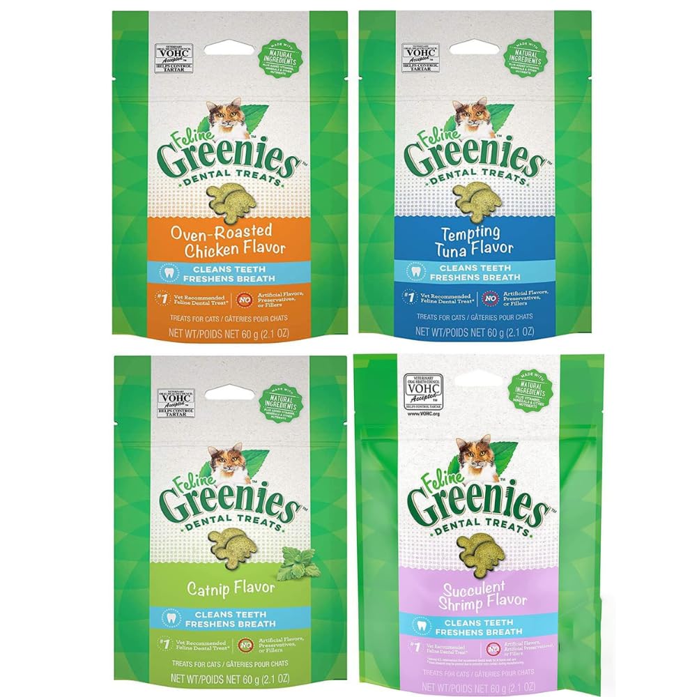 Greenies coffret 4 saveurs pour chats, friandises dentaires à texture croustillante.