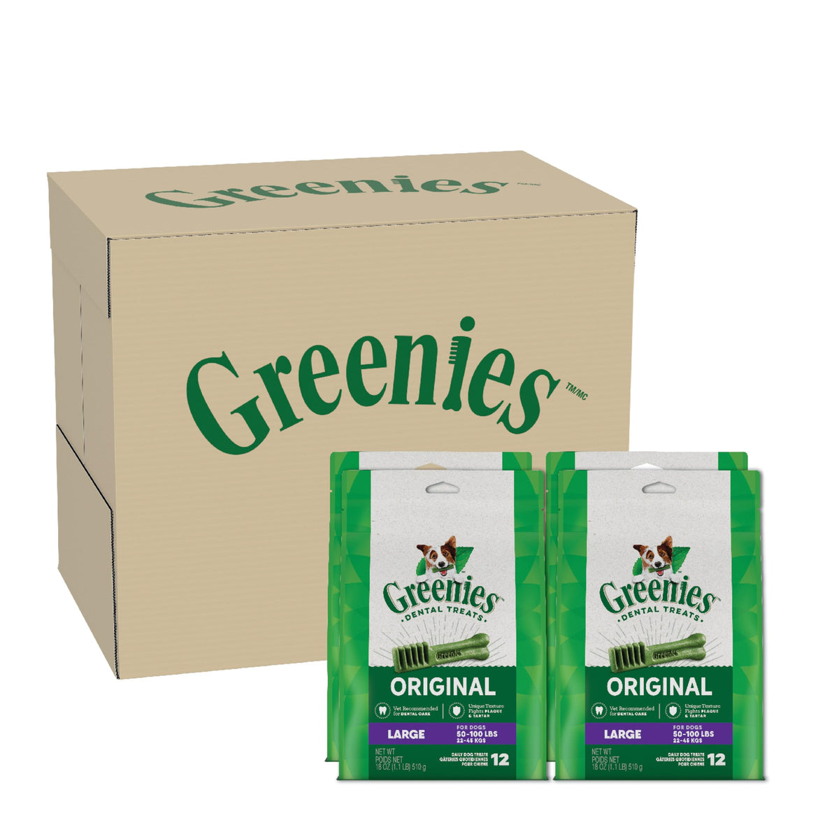 Greenies pour chien grande taille, paquet 4x12, pratique pour le quotidien.