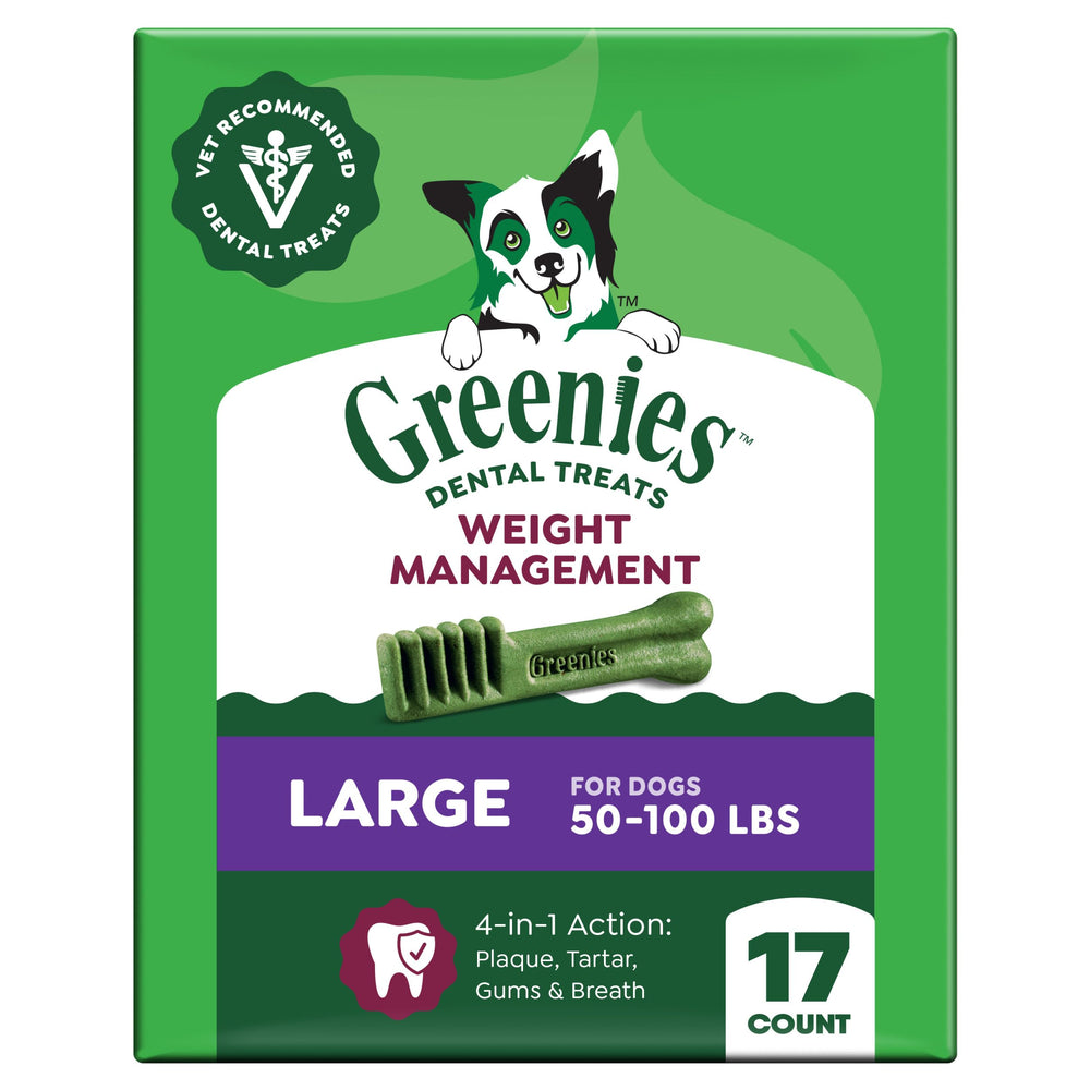 Greenies dentaires chien adulte grande taille, paquet visible, aide potentielle au nettoyage des dents.