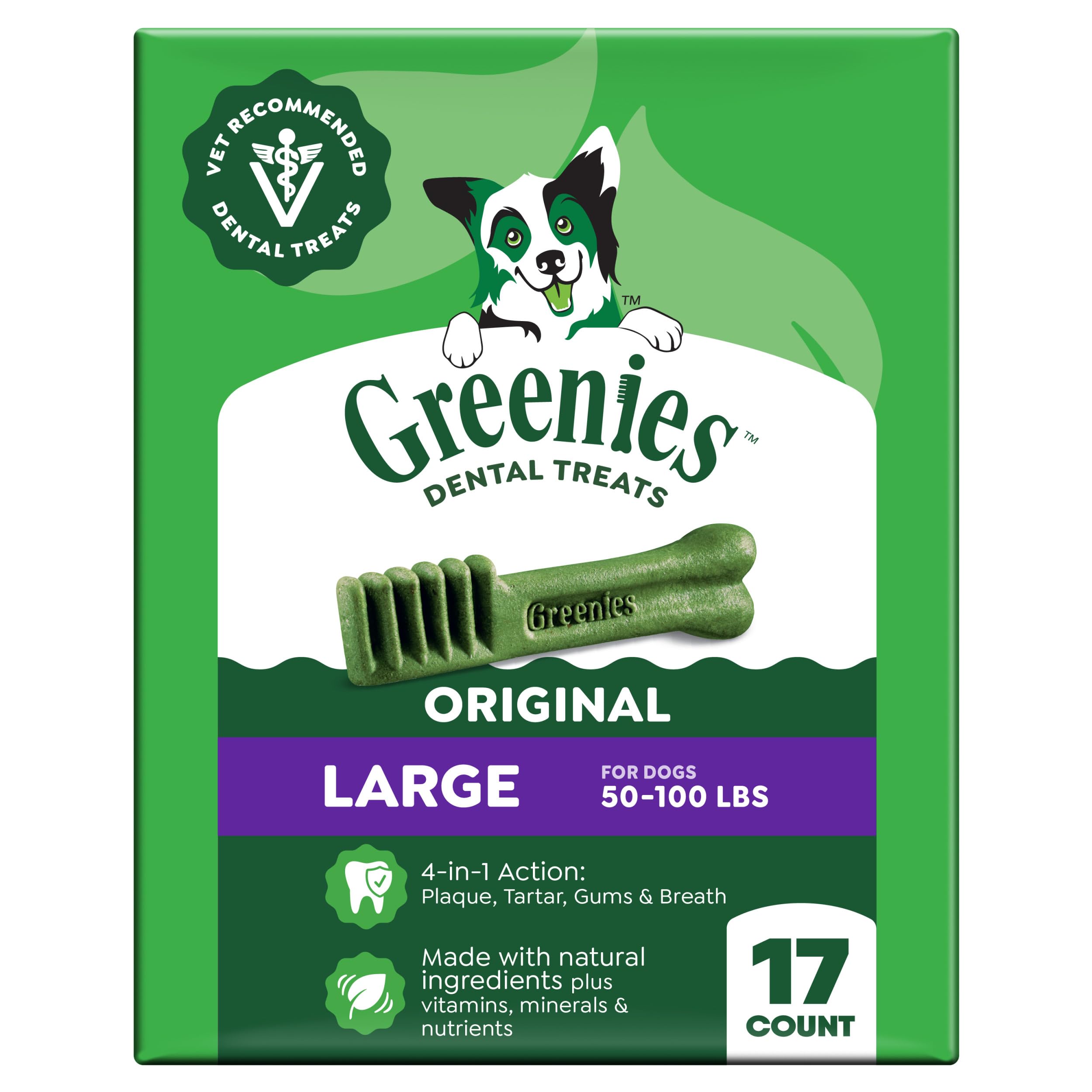 Greenies dentaires grande taille – emballage visible pour l'entretien bucco-dentaire.
