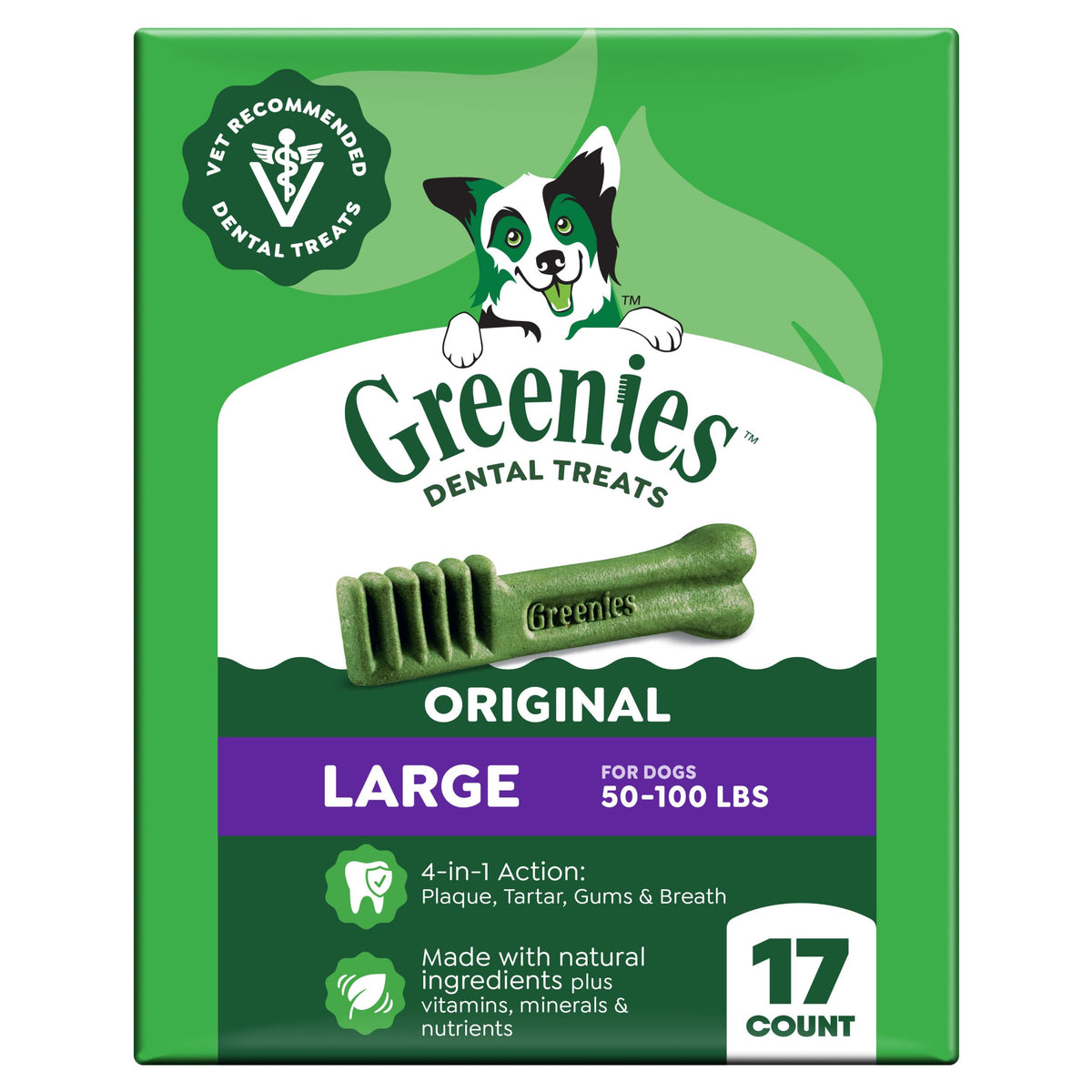 Greenies dentaires grande taille – emballage visible pour l'entretien bucco-dentaire.
