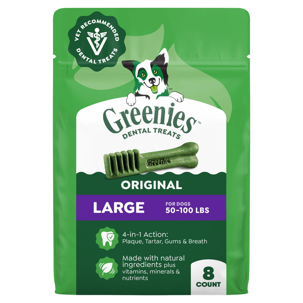 Greenies friandises dentaires originales en emballage visible, bénéfice potentiel sur l'haleine.
