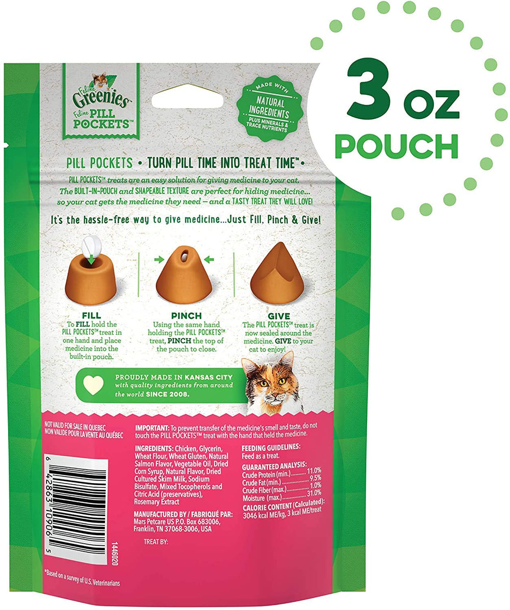 Emballage Greenies en sachet 3 oz pour friandises au saumon destinées aux chats.