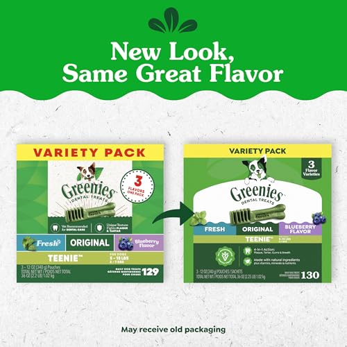 Greenies emballage varié, pack de trois paquets de 340 g chacun.