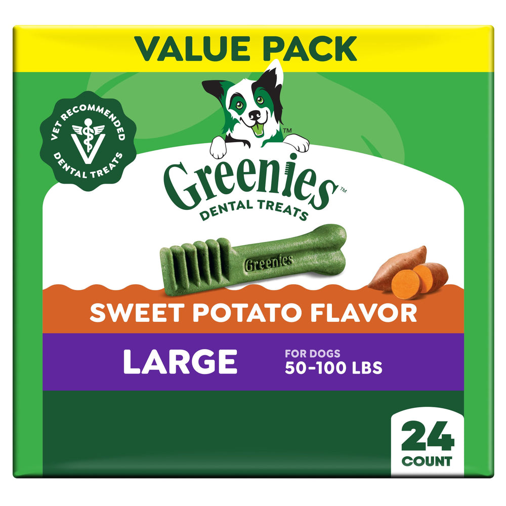 Greenies friandise dentaire pour chien grande taille, patate douce, appétence et soin dentaire.
