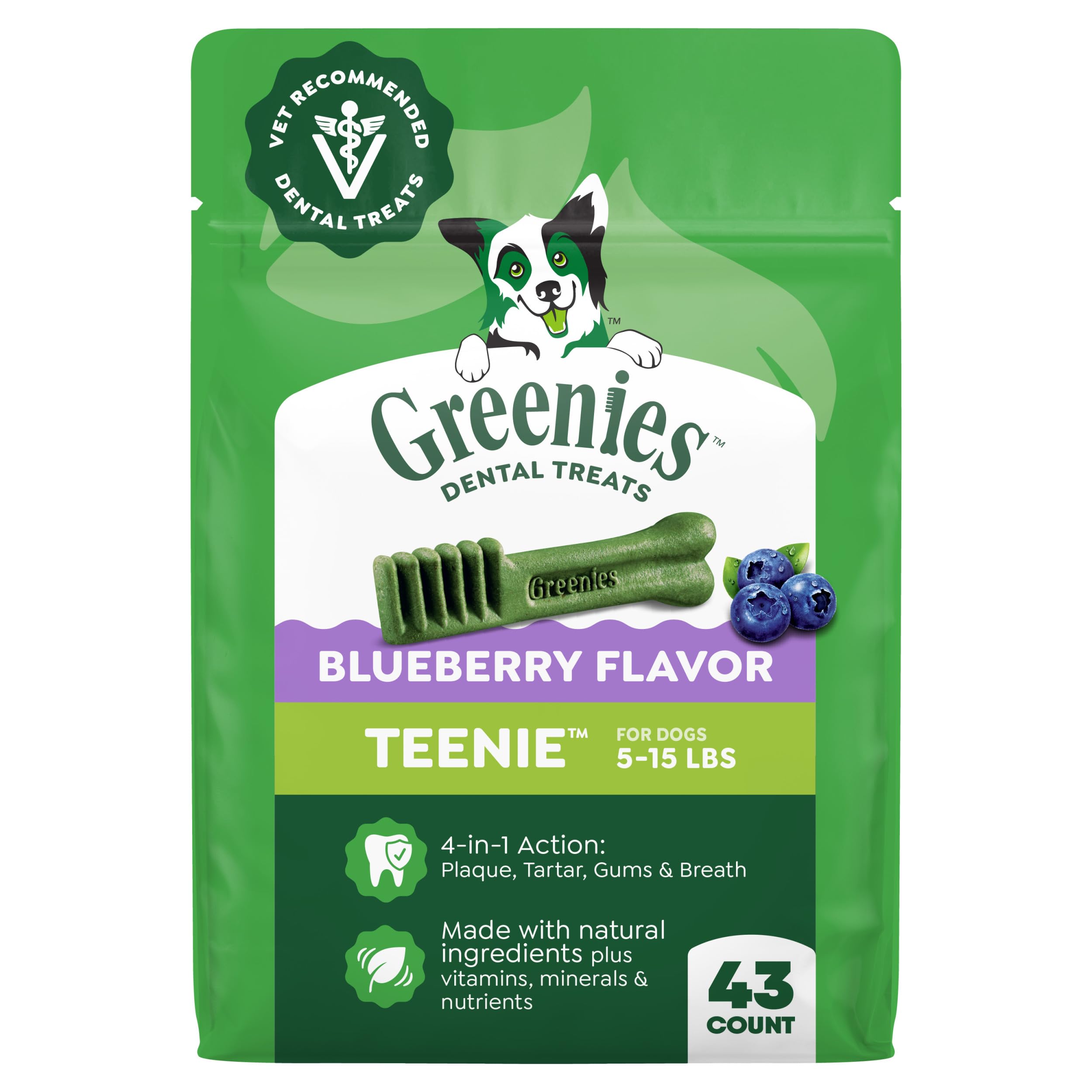 Greenies friandise dentaire emballage bleu, pratique pour l'hygiène buccale des petits chiens.