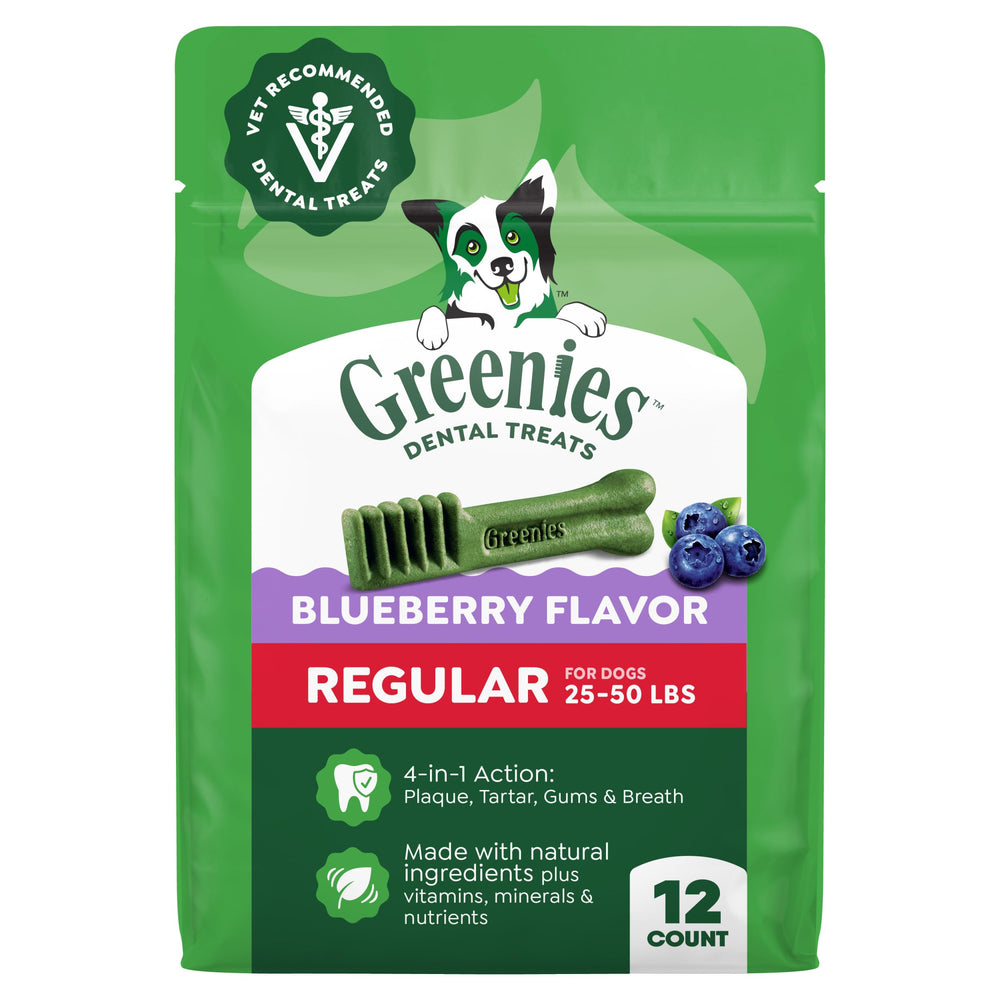 Friandise dentaire Greenies à la myrtille, emballage 12 oz, haleine fraîche.