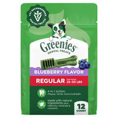 Friandise dentaire Greenies à la myrtille, emballage 12 oz, haleine fraîche.
