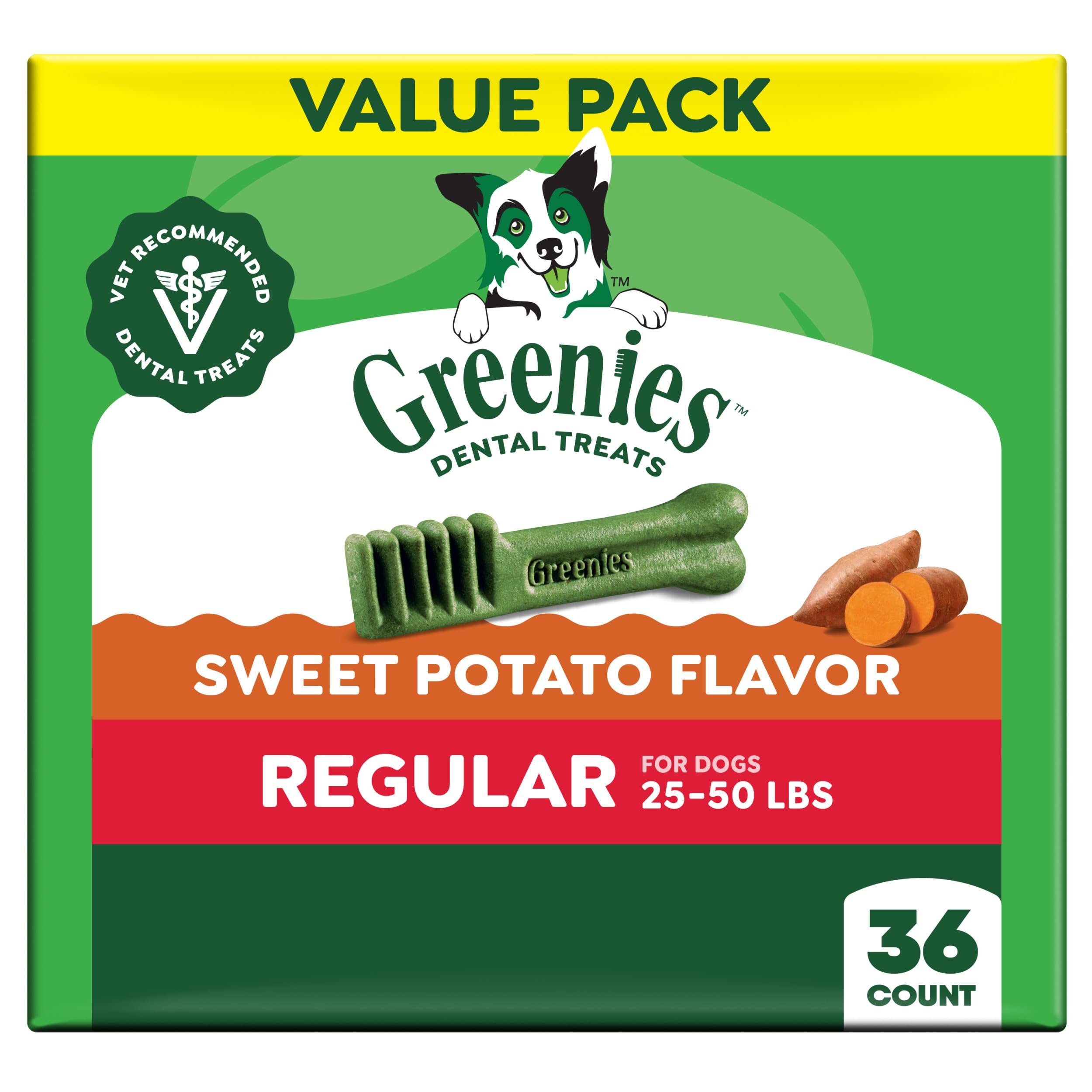 Friandises dentaires Greenies saveur patate douce pour haleine plus fraîche.