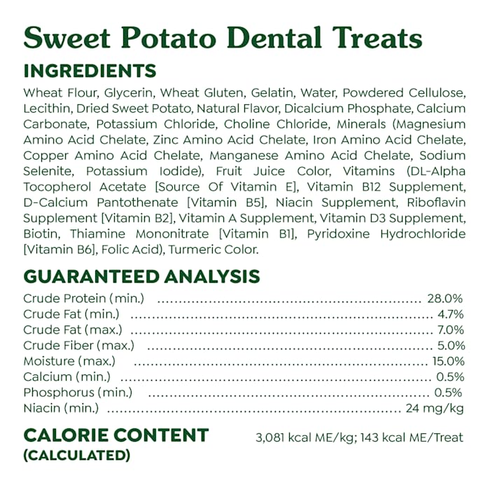 Greenies ingredients naturels dentaires chien patate douce, friandises dentaires potentielles.