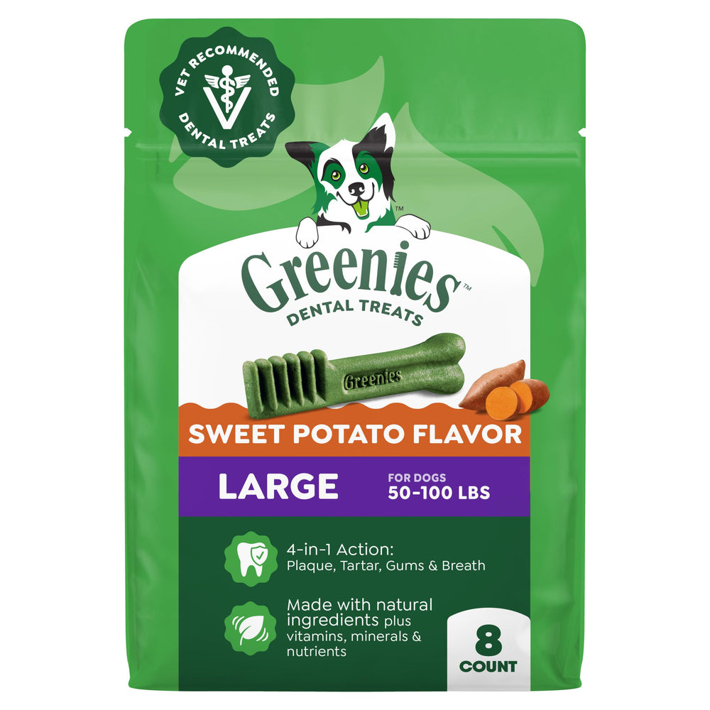Greenies Large, croquettes dentaires patate douce, emballage visible, haleine plus fraîche possible.
