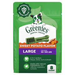 Greenies Large, croquettes dentaires patate douce, emballage visible, haleine plus fraîche possible.