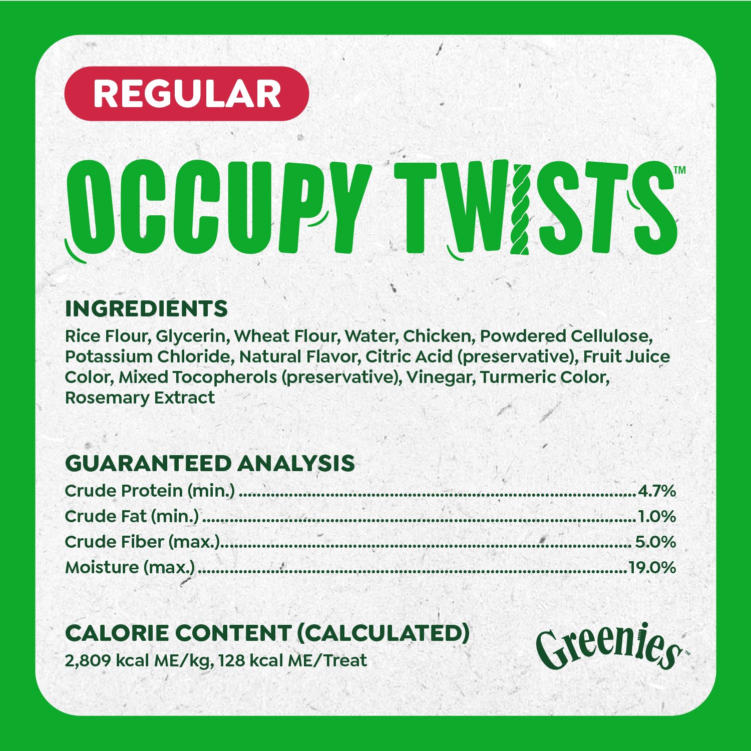 Ingrédients naturels et minéraux visibles sur l’emballage Greenies Occupy Twists