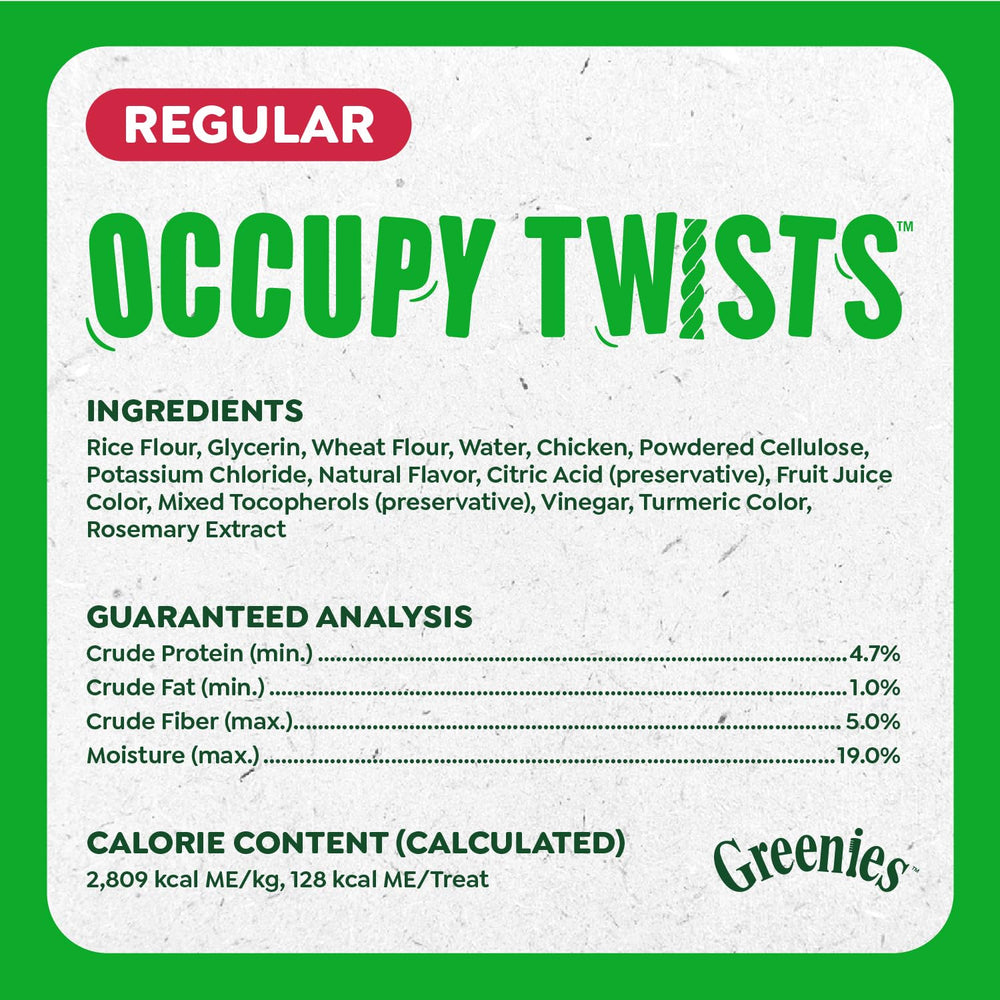 Ingrédients naturels et minéraux visibles sur l’emballage Greenies Occupy Twists