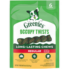 Paquet Greenies Occupy Twists montrant le lot de six friandises naturelles pour chien